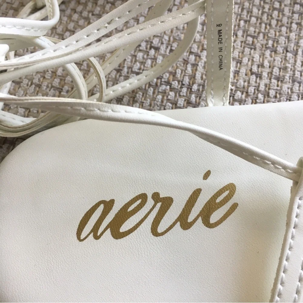 aerie White Beaded Lace-Up Sandals with Natural Wood Accents